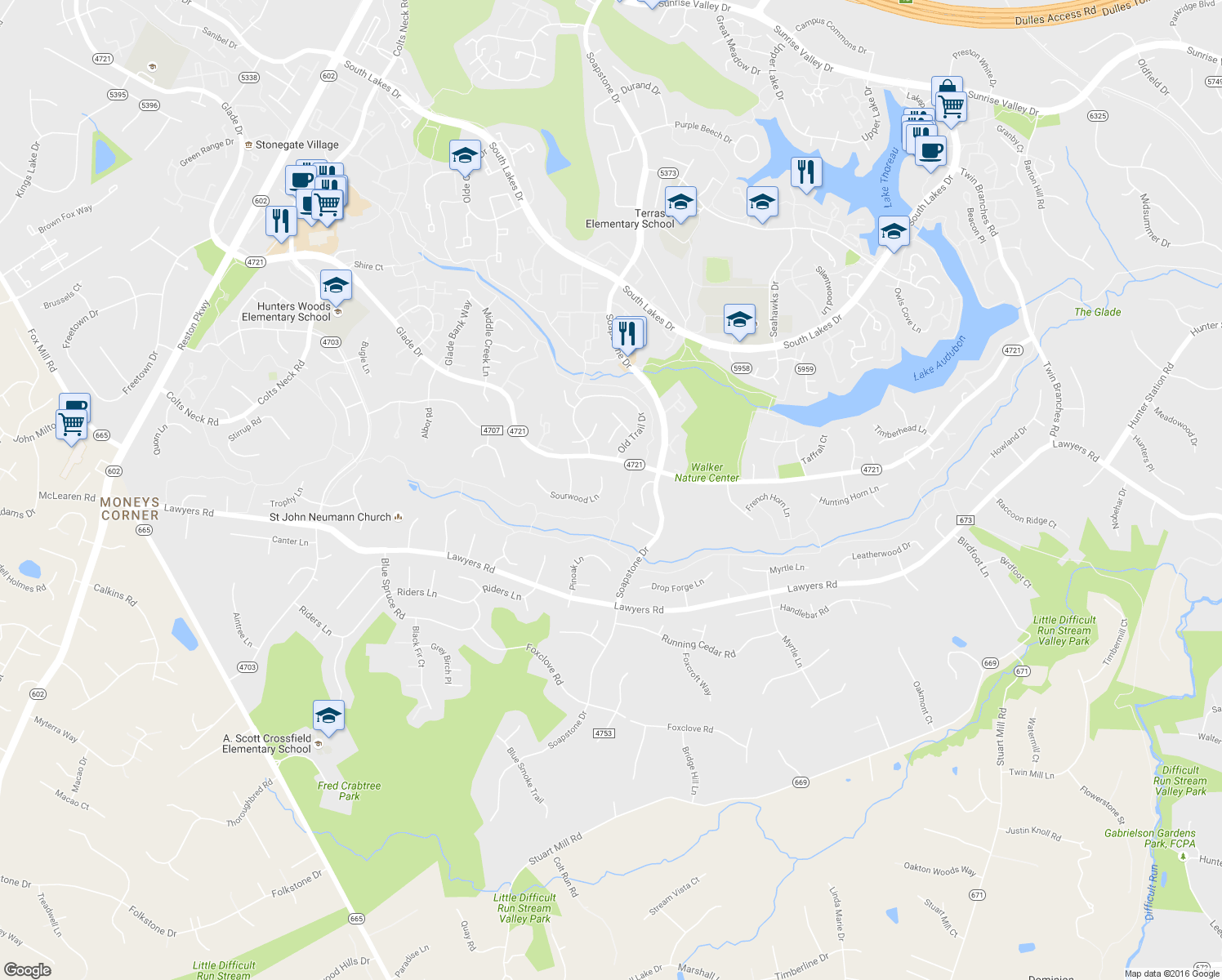 map of restaurants, bars, coffee shops, grocery stores, and more near 11607 Sourwood Lane in Reston