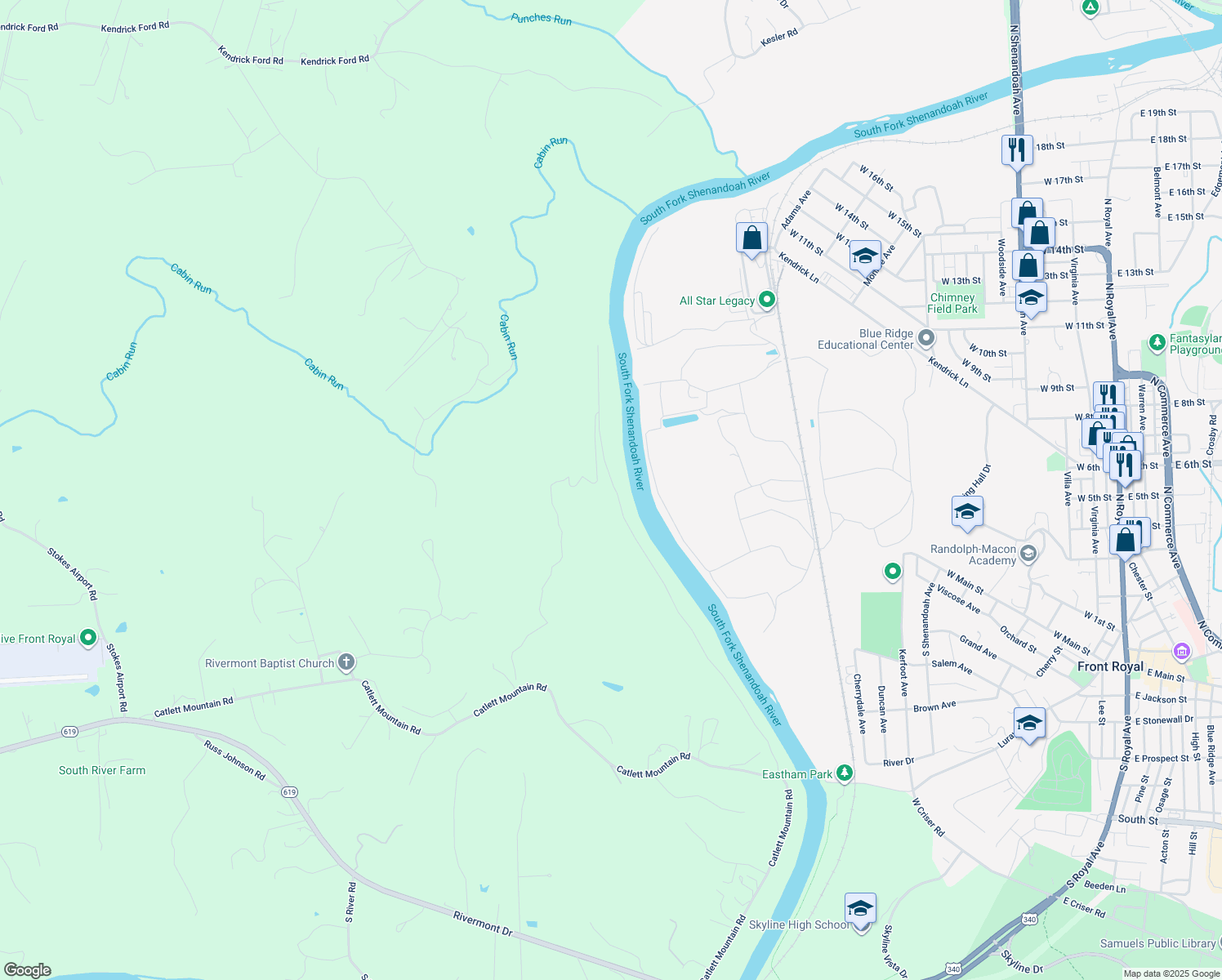 map of restaurants, bars, coffee shops, grocery stores, and more near 925 Rivermont Acres Road in Front Royal