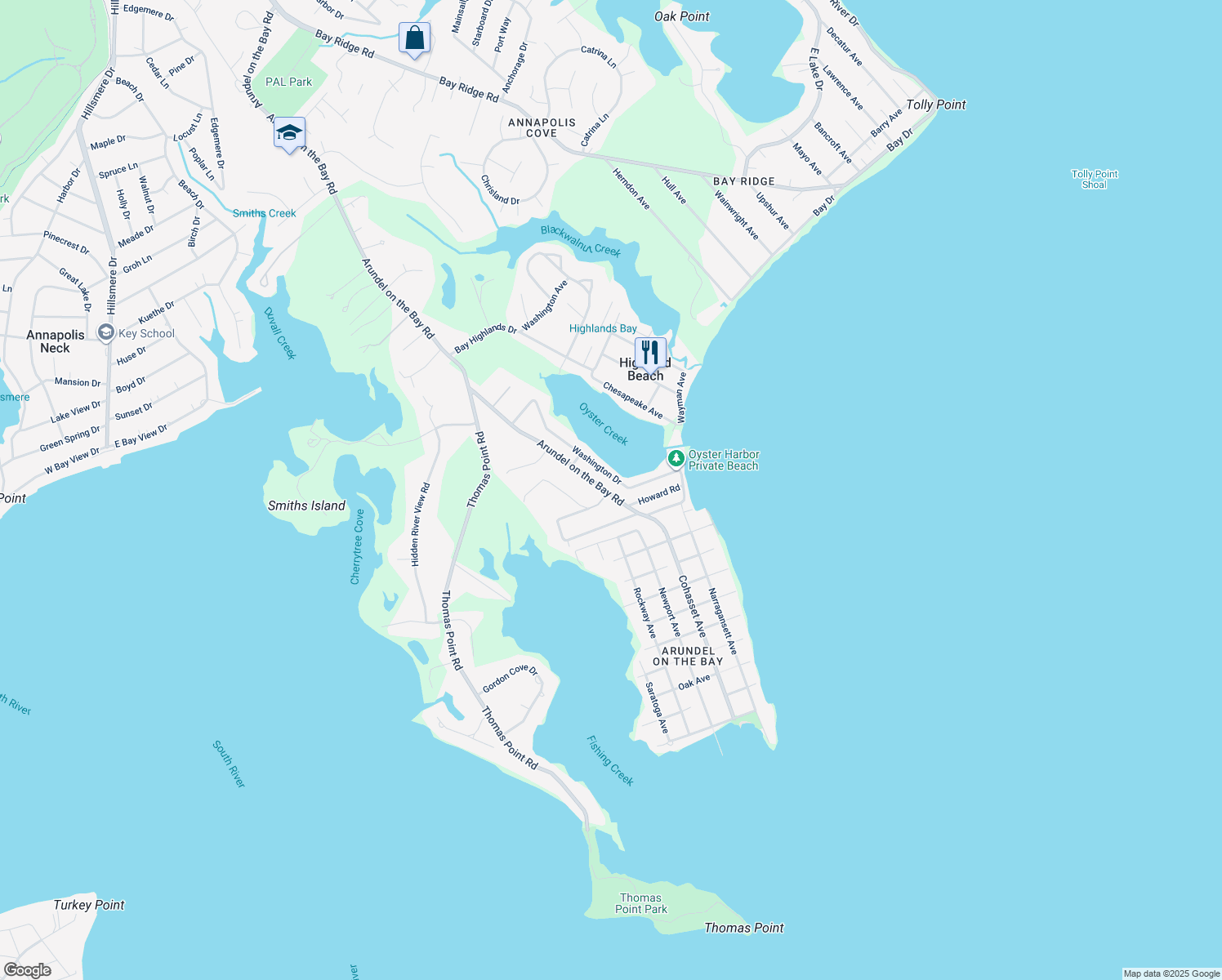 map of restaurants, bars, coffee shops, grocery stores, and more near 3365 Arundel on the Bay Road in Annapolis