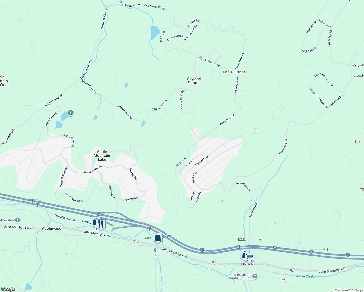 map of restaurants, bars, coffee shops, grocery stores, and more near 68 Blue Sky Road in Linden