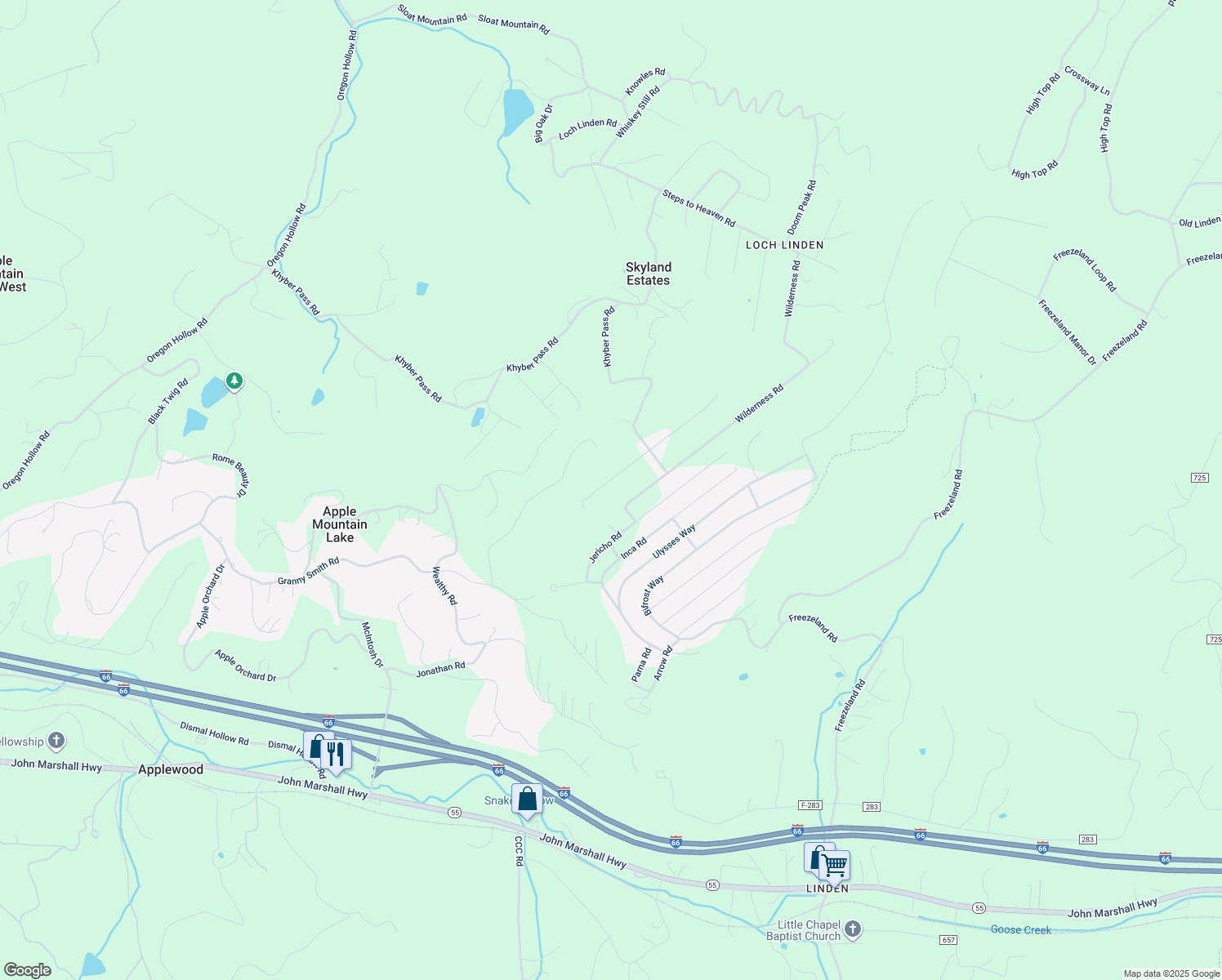 map of restaurants, bars, coffee shops, grocery stores, and more near 68 Blue Sky Road in Linden