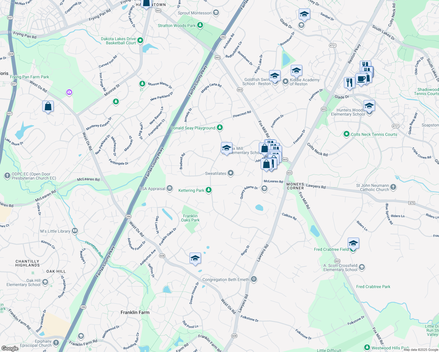 map of restaurants, bars, coffee shops, grocery stores, and more near 2617 Puritan Court in Herndon
