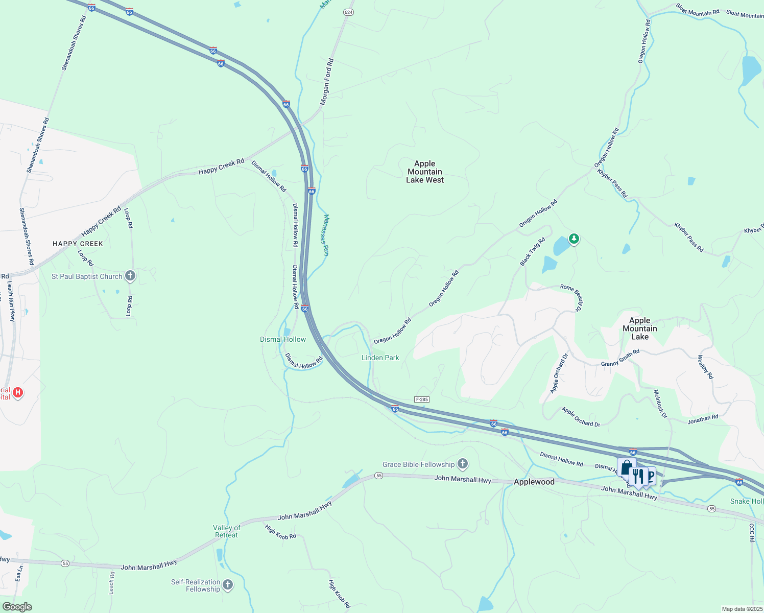 map of restaurants, bars, coffee shops, grocery stores, and more near 264 Core Drive in Front Royal