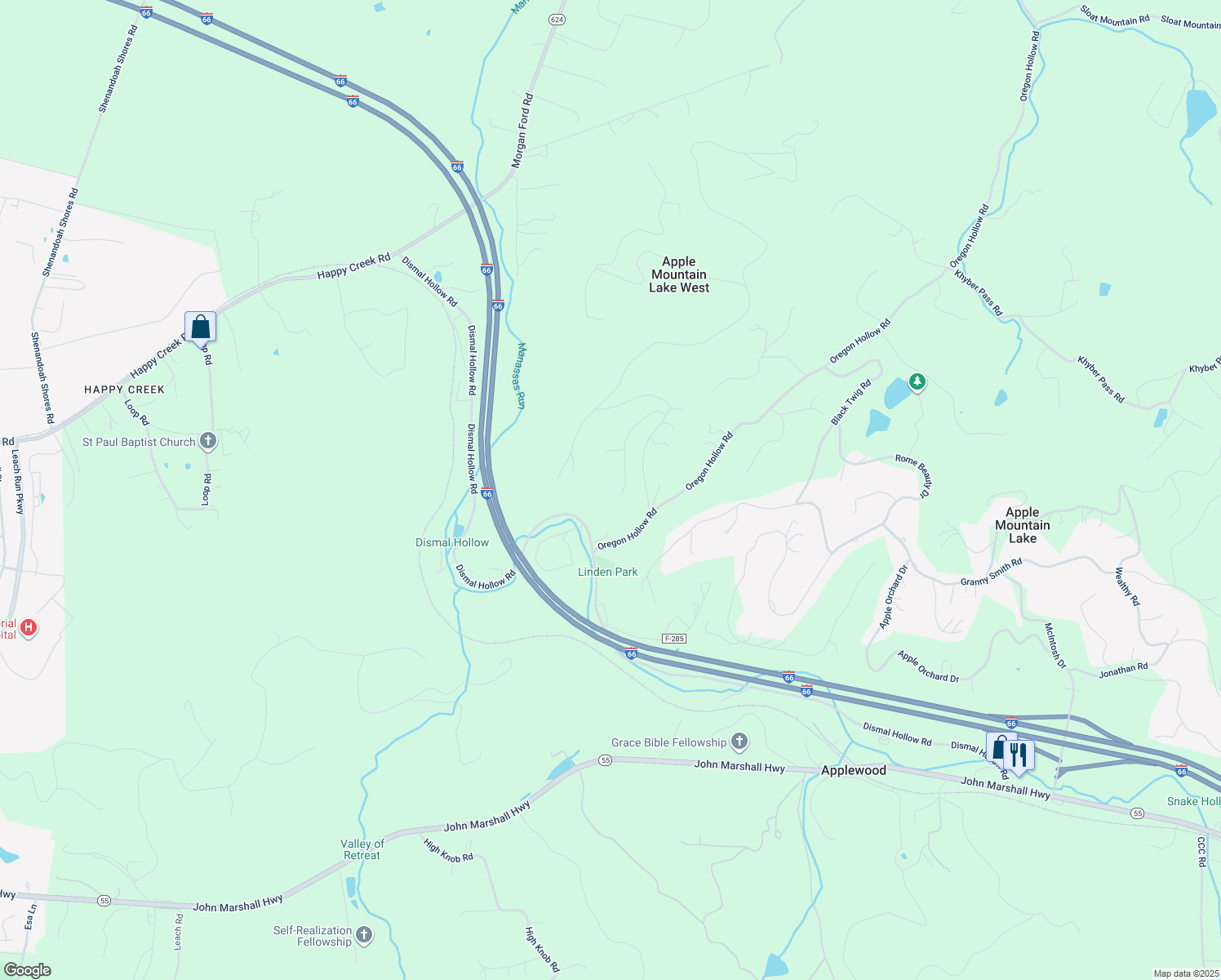 map of restaurants, bars, coffee shops, grocery stores, and more near 264 Core Drive in Front Royal
