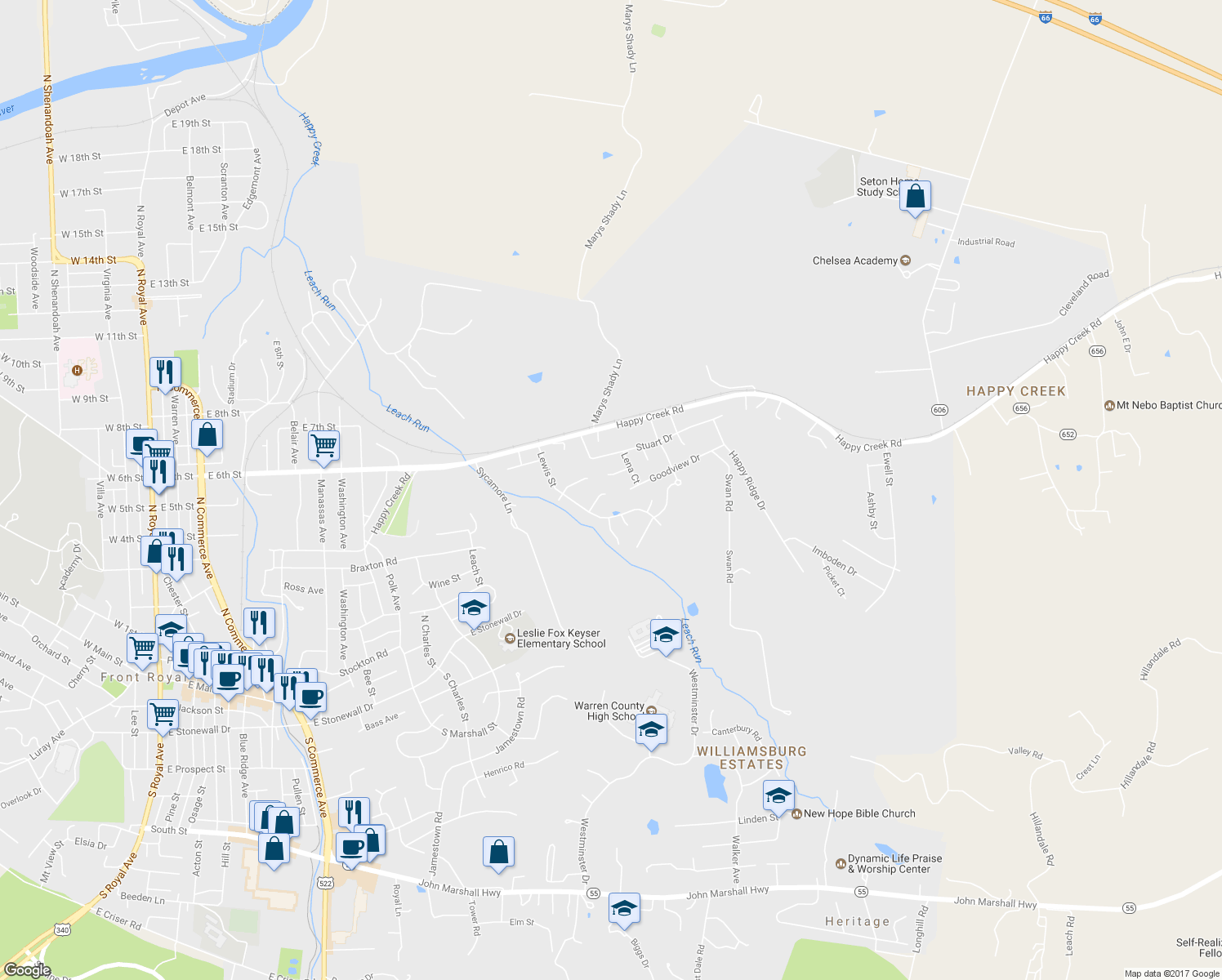 map of restaurants, bars, coffee shops, grocery stores, and more near 994 View Crest Court in Front Royal