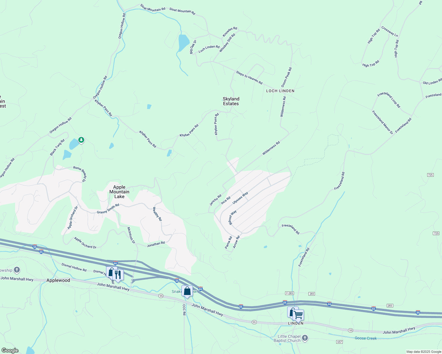 map of restaurants, bars, coffee shops, grocery stores, and more near 110 Blue Sky Road in Linden