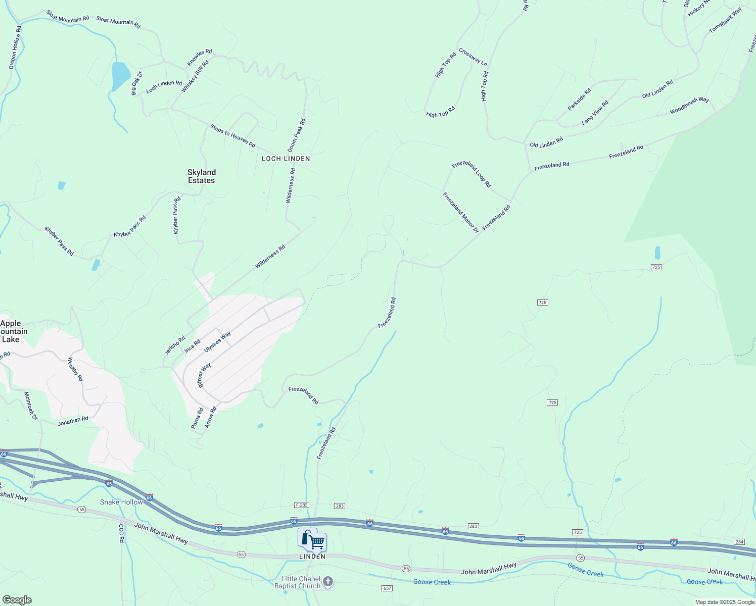 map of restaurants, bars, coffee shops, grocery stores, and more near Freezeland Road in Front Royal