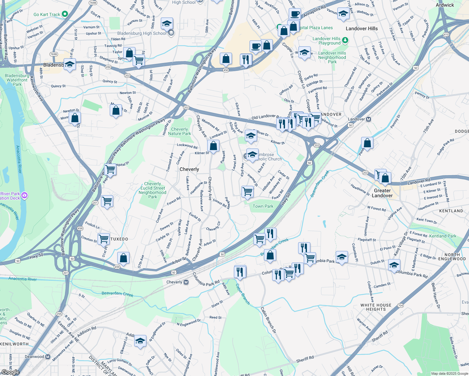 map of restaurants, bars, coffee shops, grocery stores, and more near 2813 Laurel Avenue in Cheverly