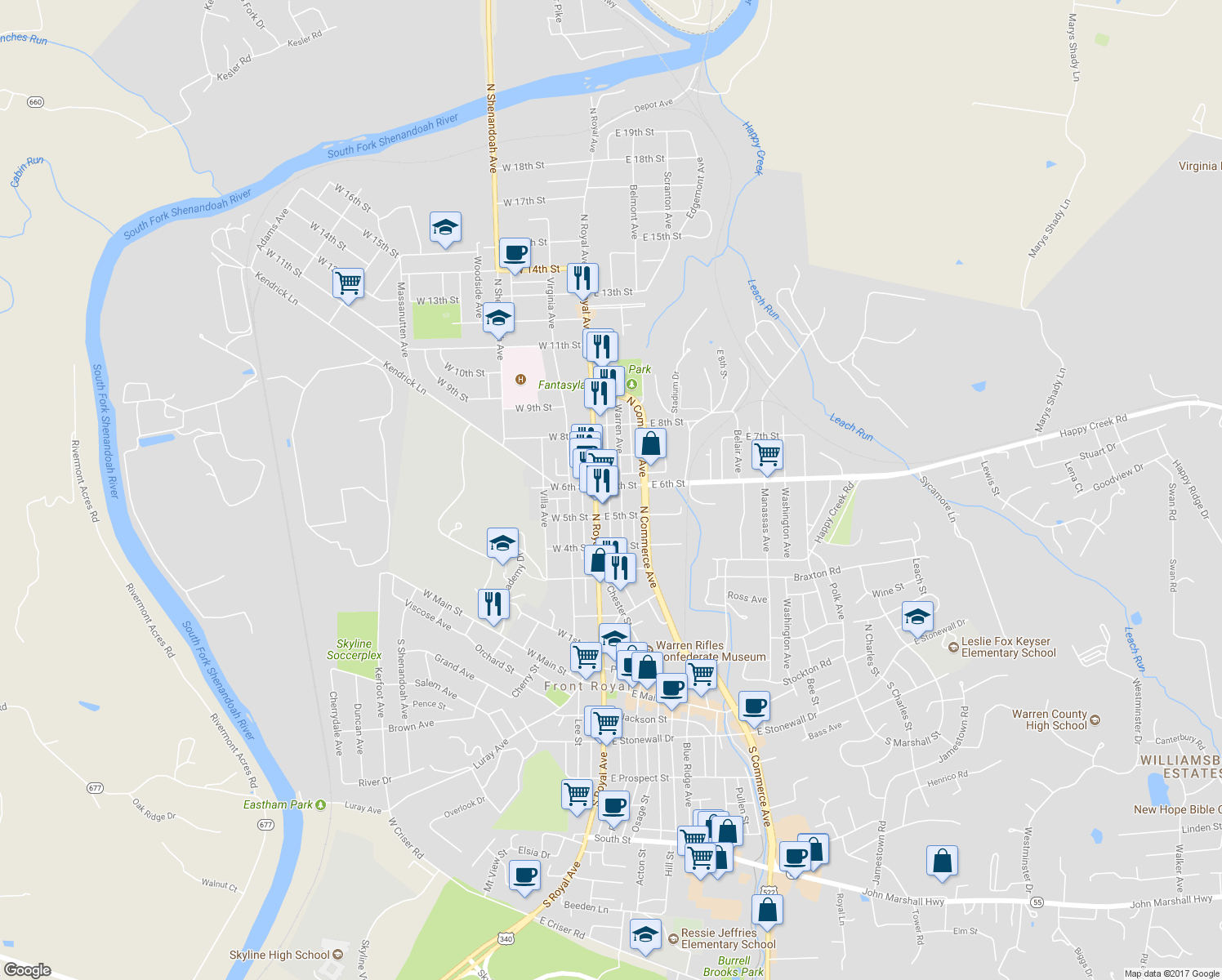 map of restaurants, bars, coffee shops, grocery stores, and more near 15 East 6th Street in Front Royal