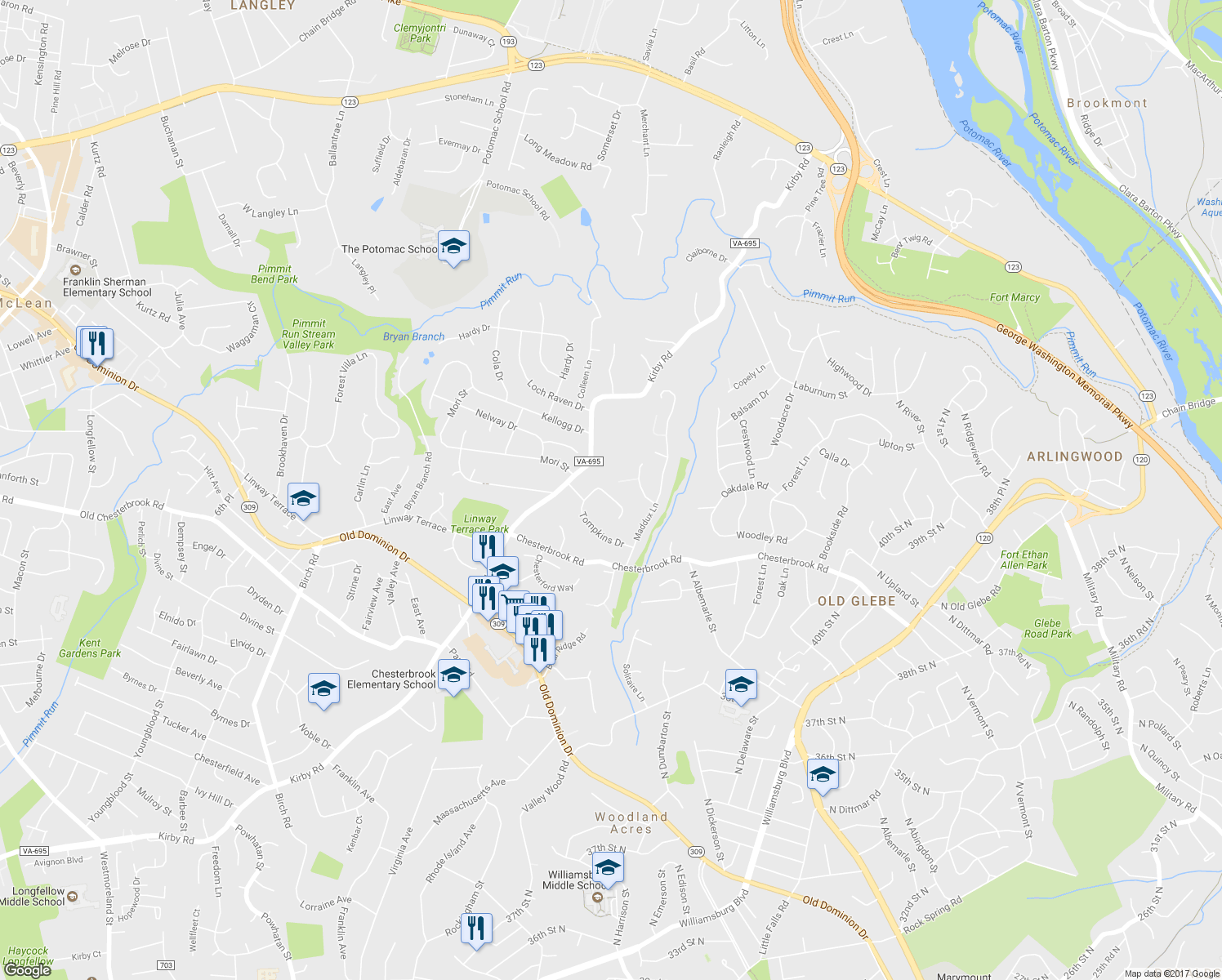 map of restaurants, bars, coffee shops, grocery stores, and more near 6146 Farver Road in McLean
