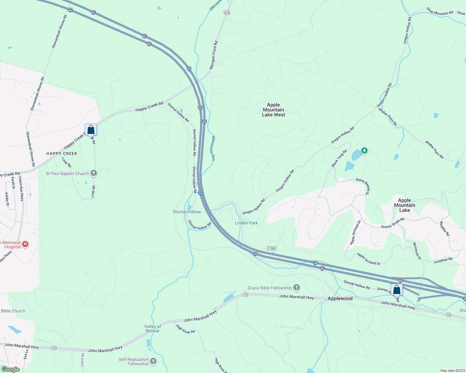 map of restaurants, bars, coffee shops, grocery stores, and more near 36 Applewood Drive in Front Royal