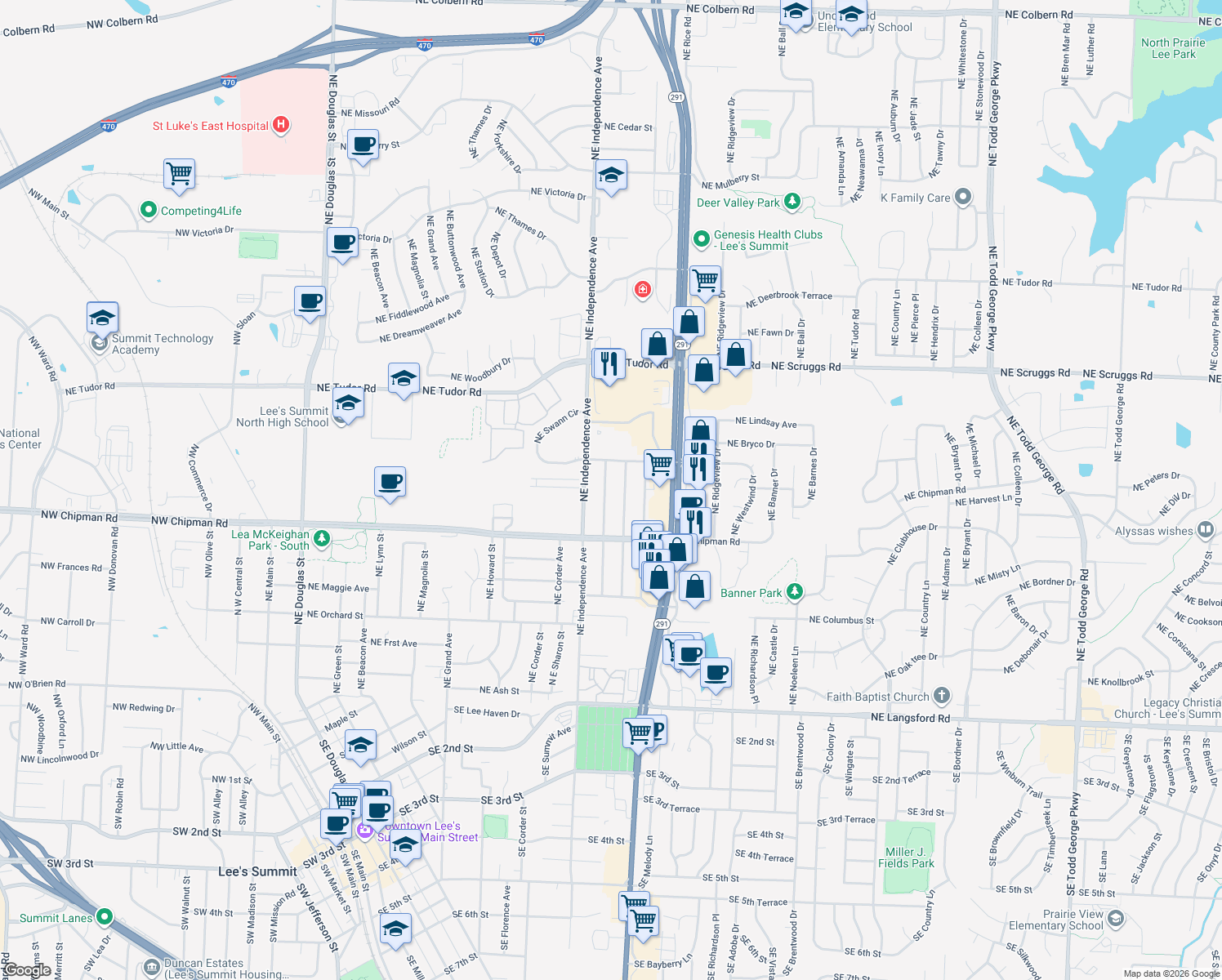 map of restaurants, bars, coffee shops, grocery stores, and more near 803 Northeast Coronado Avenue in Lee's Summit