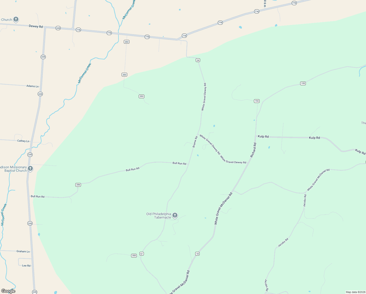 map of restaurants, bars, coffee shops, grocery stores, and more near 1673 Brame Road in Minford