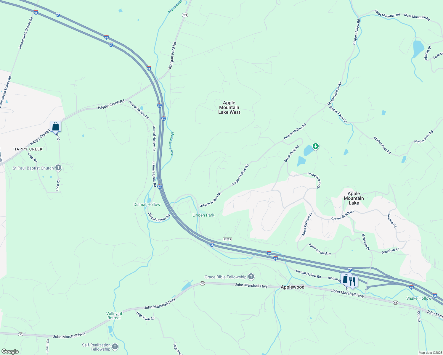 map of restaurants, bars, coffee shops, grocery stores, and more near Appleseed Road in Warren County