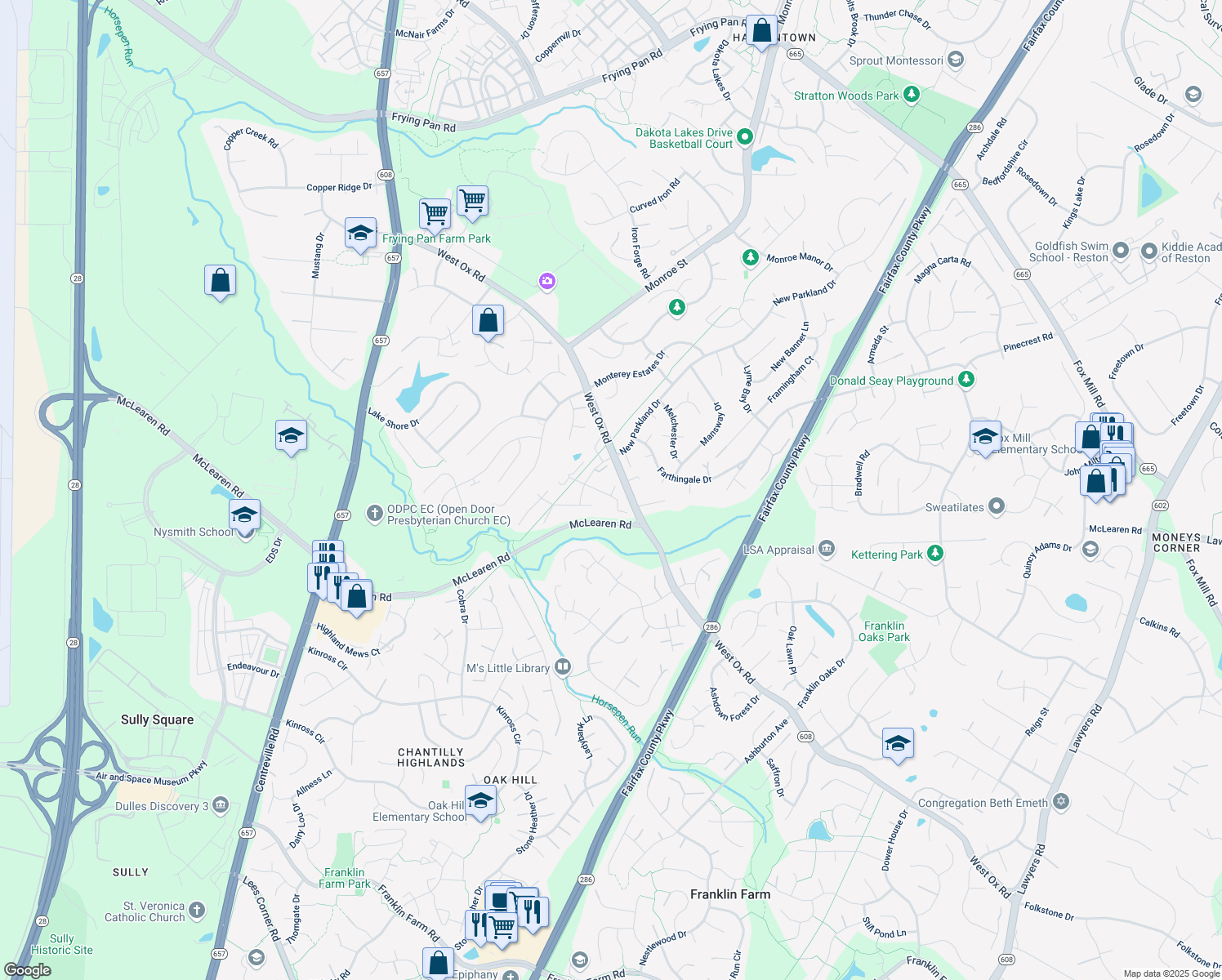 map of restaurants, bars, coffee shops, grocery stores, and more near 13114 Frog Hollow Court in Herndon