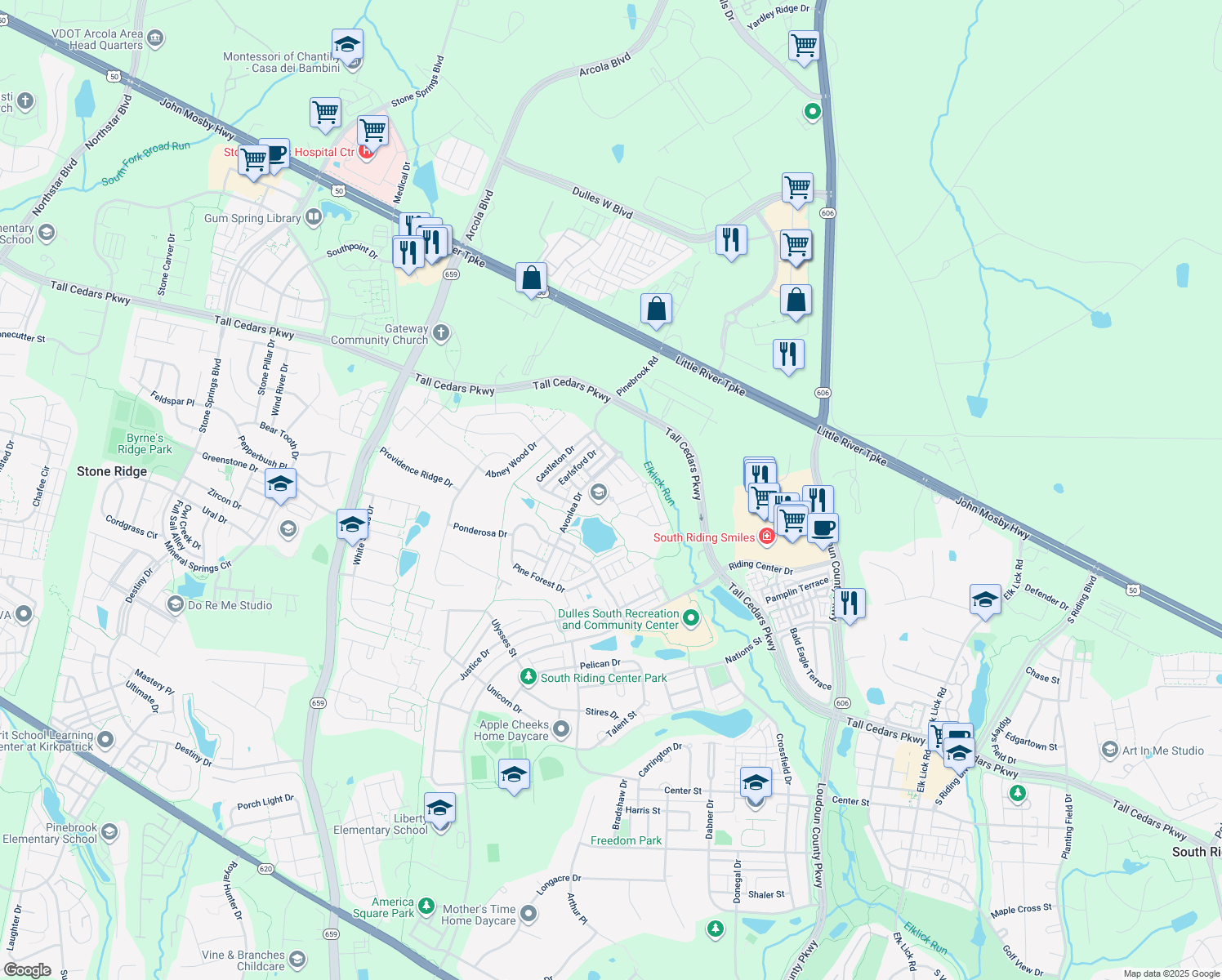 map of restaurants, bars, coffee shops, grocery stores, and more near 24968 Ashgarten Drive in Chantilly