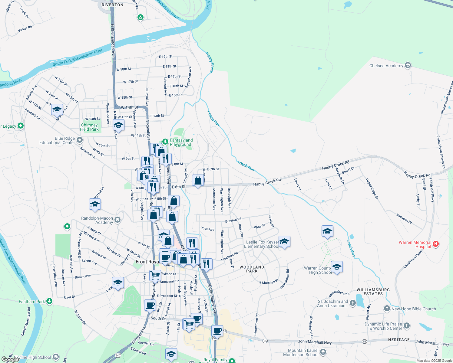 map of restaurants, bars, coffee shops, grocery stores, and more near 606 Randolph Avenue in Front Royal