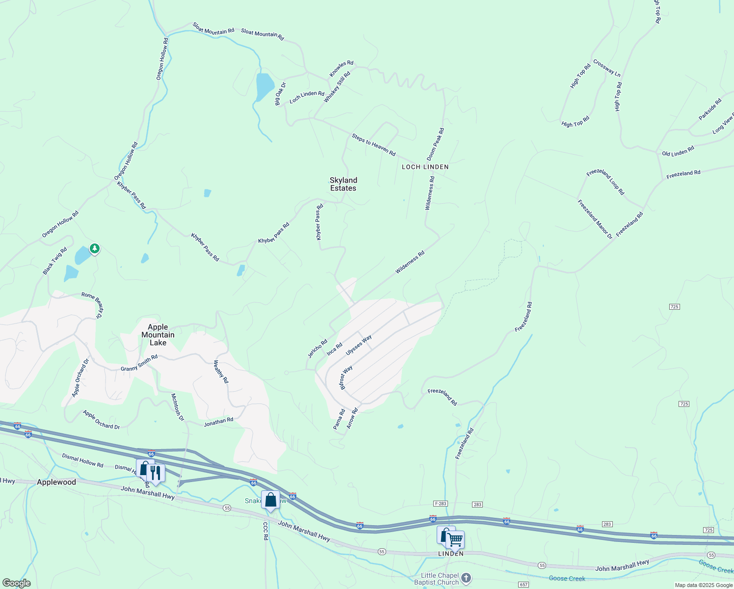 map of restaurants, bars, coffee shops, grocery stores, and more near 289 Wilderness Road in Skyland Estates