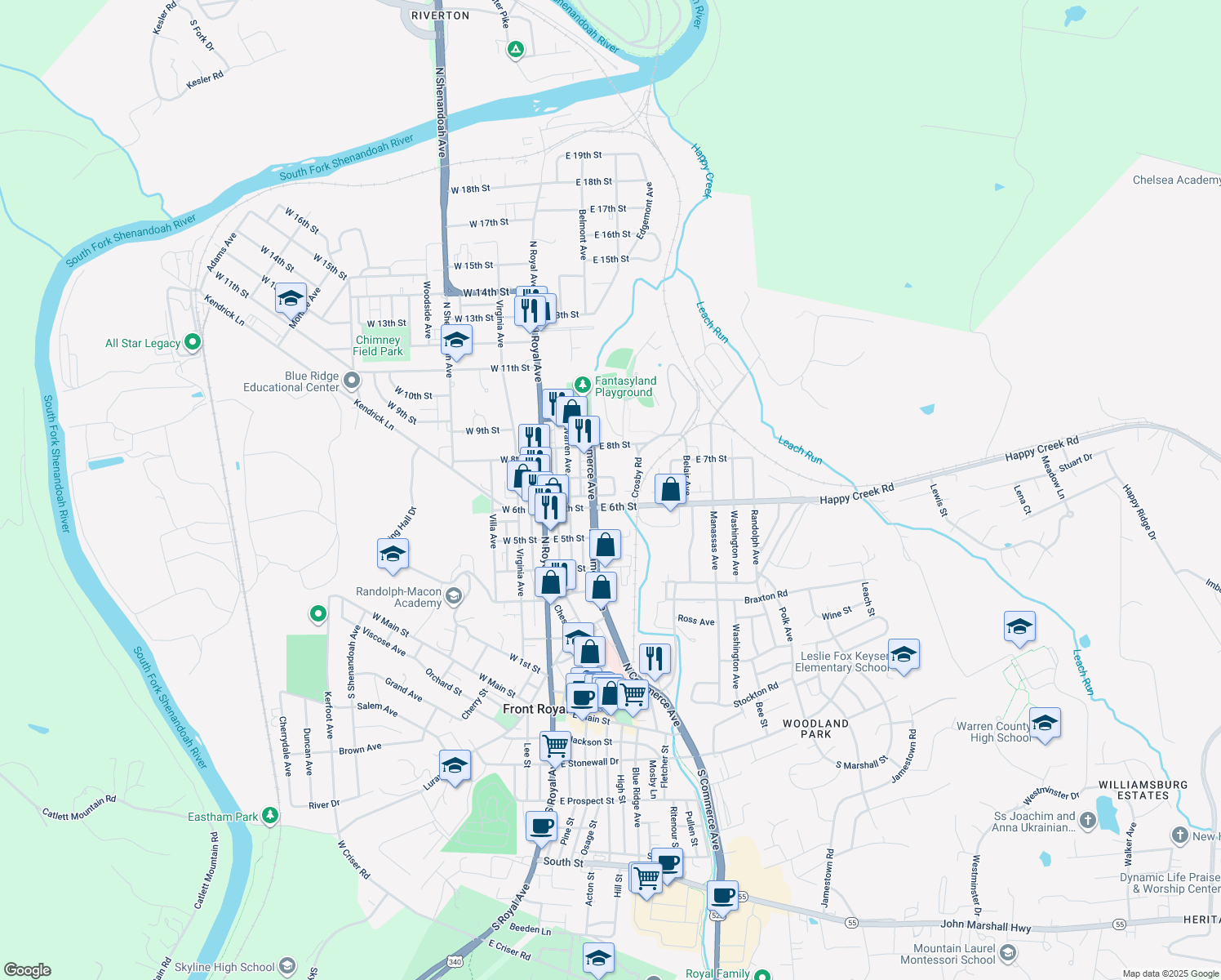 map of restaurants, bars, coffee shops, grocery stores, and more near 624 Kibler Street in Front Royal