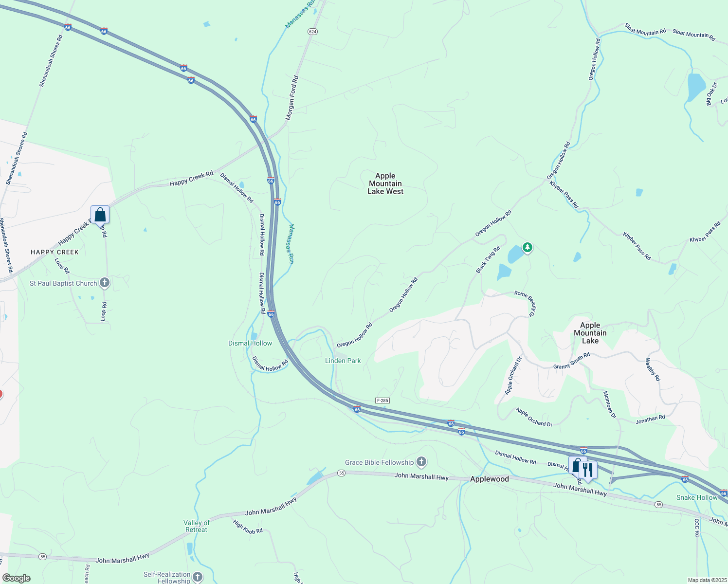 map of restaurants, bars, coffee shops, grocery stores, and more near Appleseed Road in Warren County