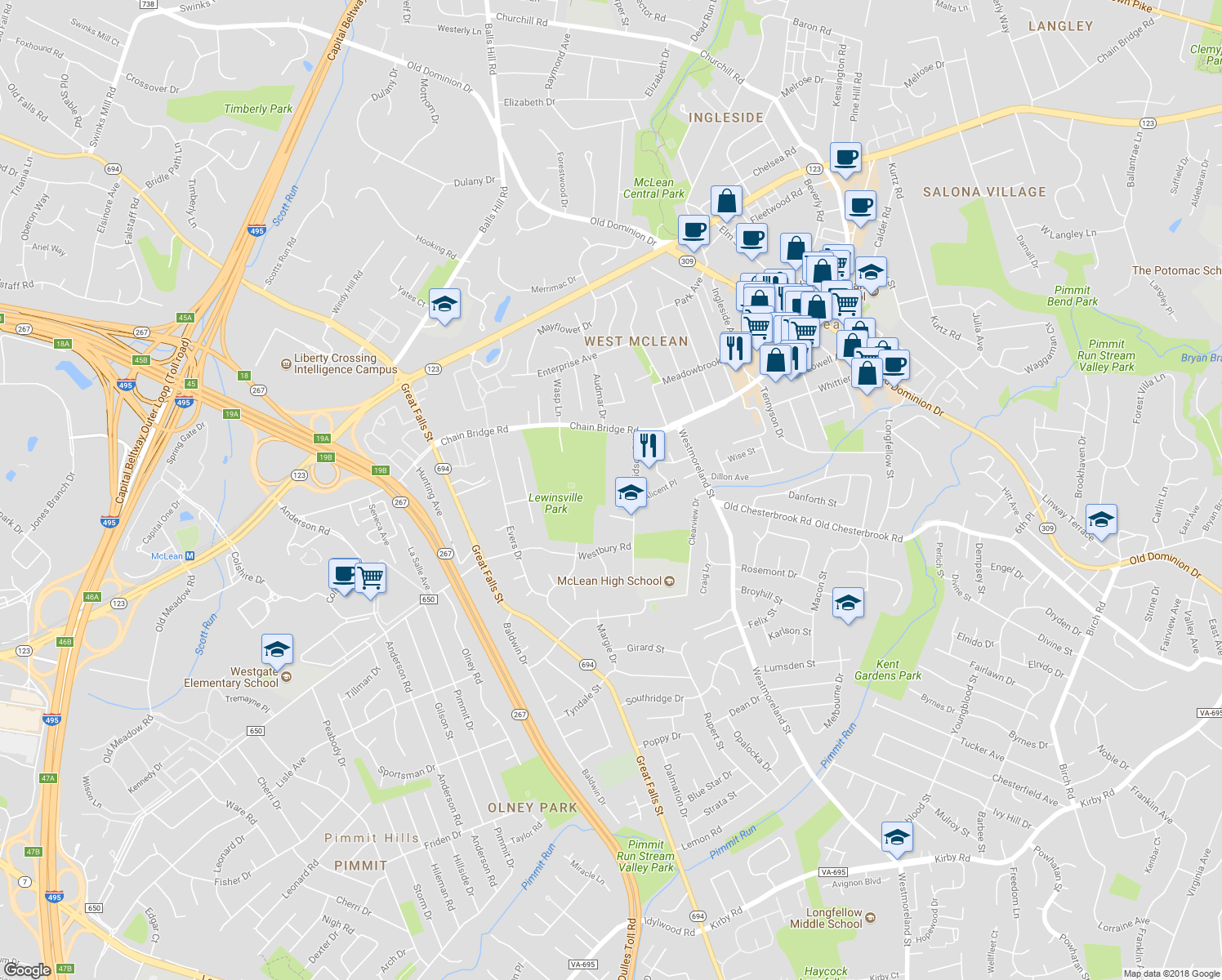 map of restaurants, bars, coffee shops, grocery stores, and more near 7006 Hamel Hill Court in McLean