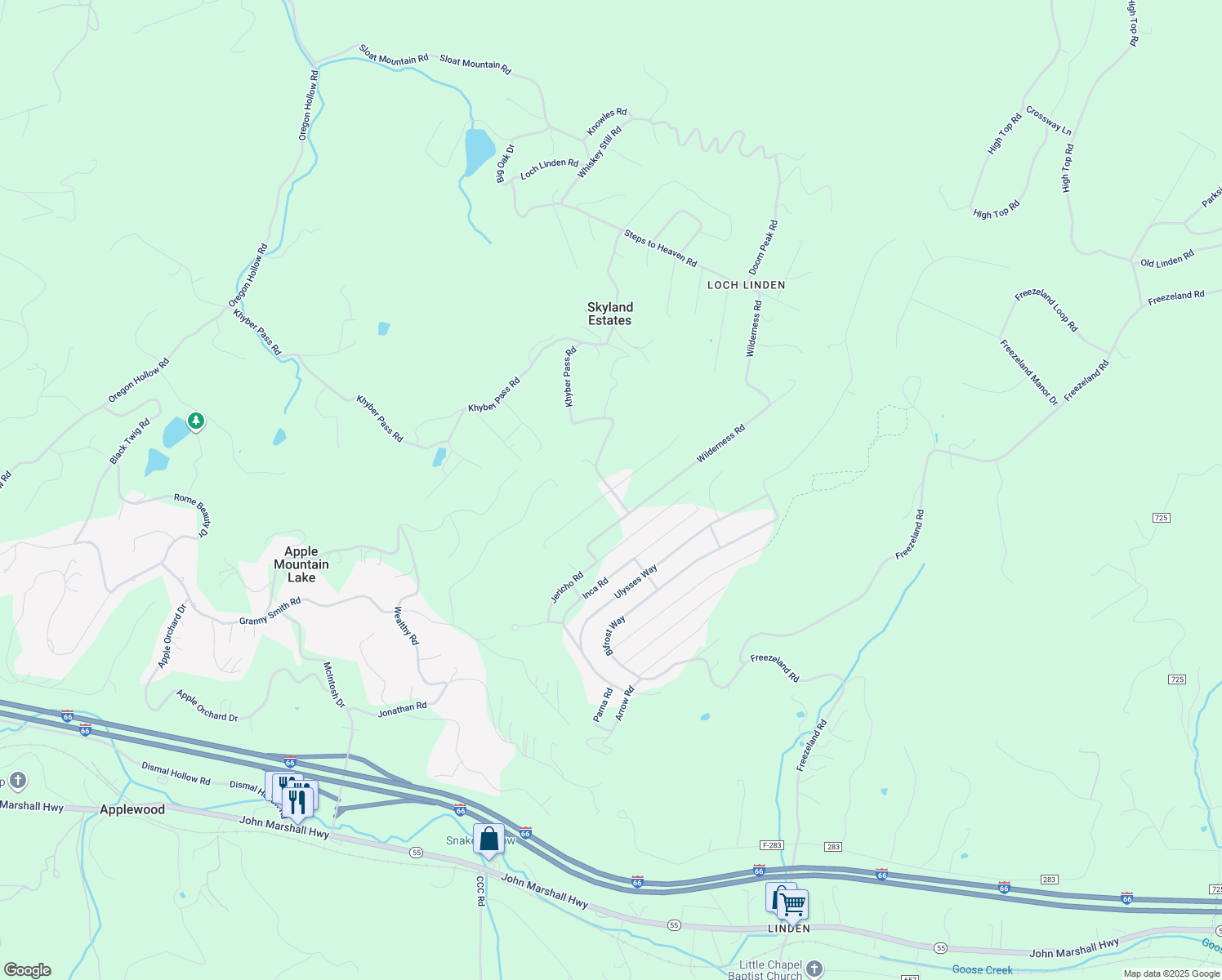 map of restaurants, bars, coffee shops, grocery stores, and more near Blue Sky Road in Skyland Estates