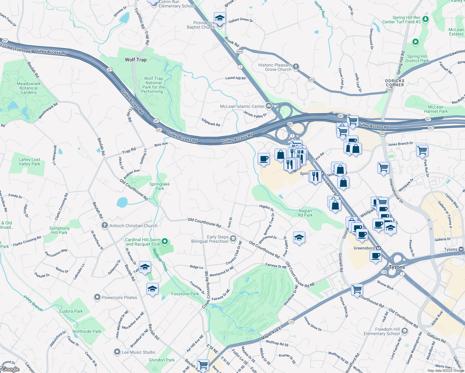 map of restaurants, bars, coffee shops, grocery stores, and more near 1610 Ashgrove Meadows Way in Vienna