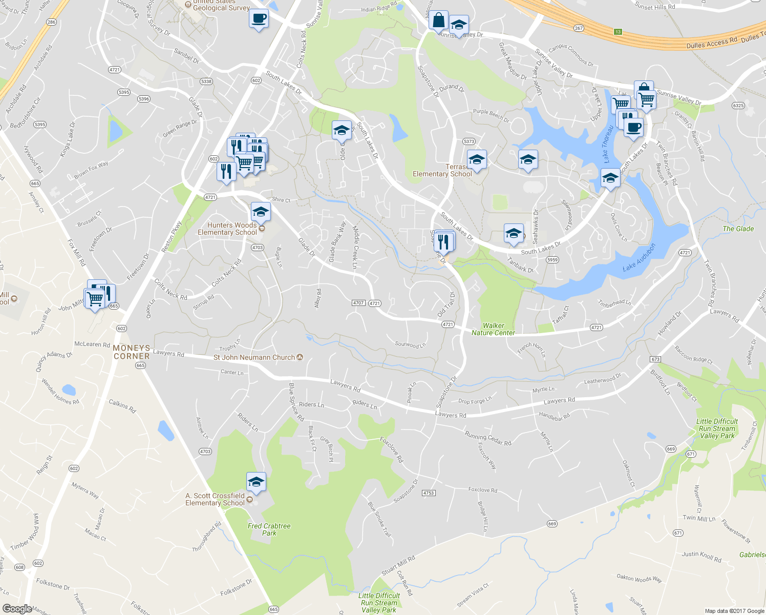 map of restaurants, bars, coffee shops, grocery stores, and more near 2396 Generation Drive in Reston