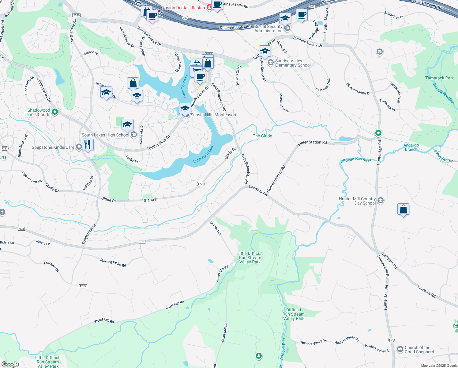 map of restaurants, bars, coffee shops, grocery stores, and more near 10932 Howland Drive in Reston