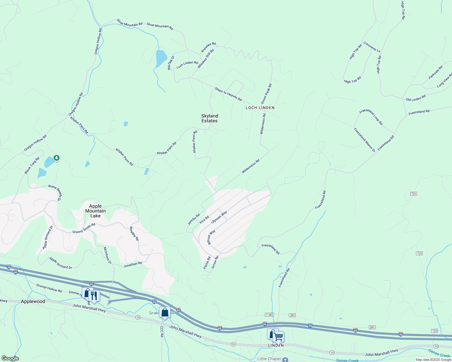 map of restaurants, bars, coffee shops, grocery stores, and more near 289 Wilderness Road in Skyland Estates
