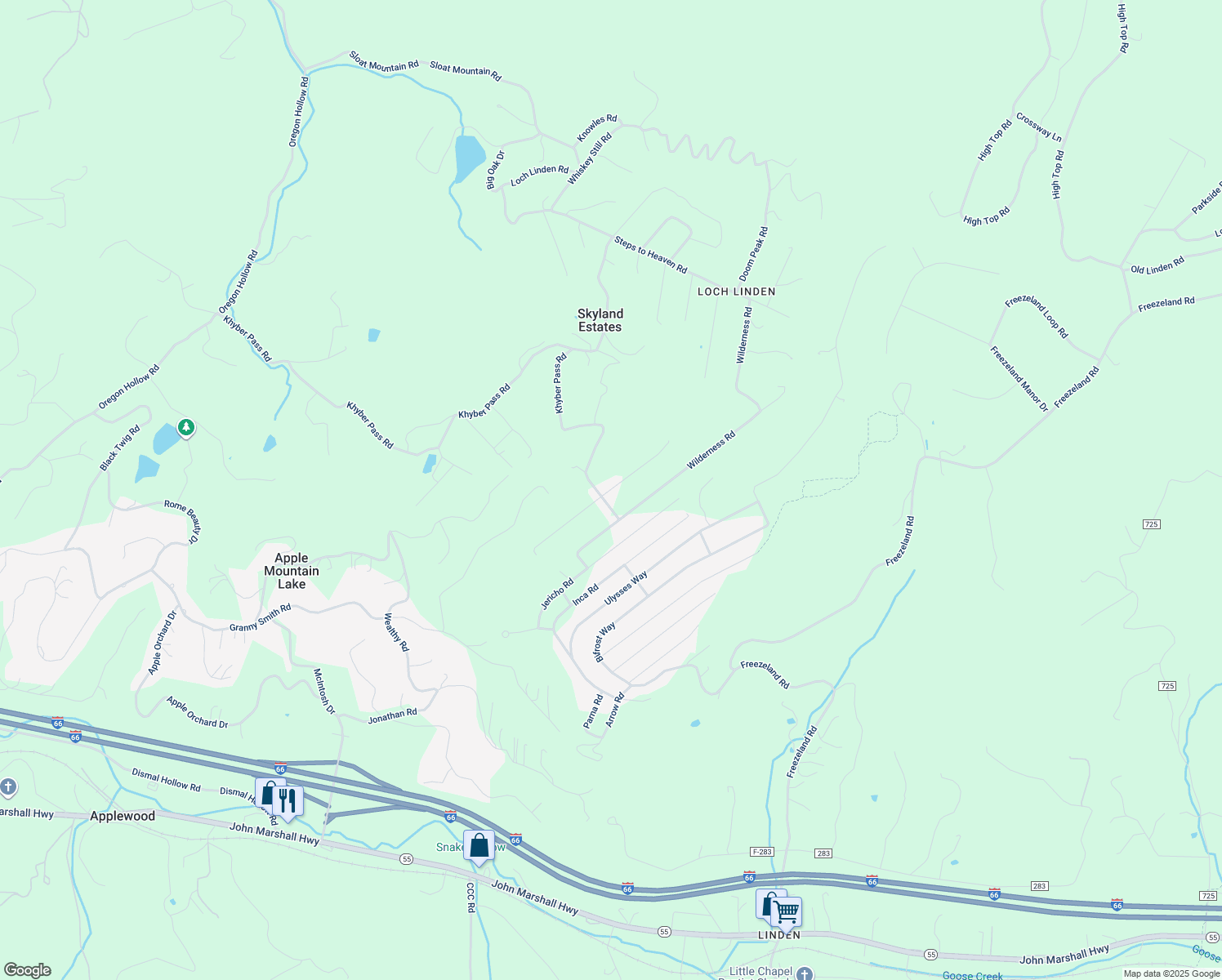 map of restaurants, bars, coffee shops, grocery stores, and more near 271 Blue Sky Road in Linden