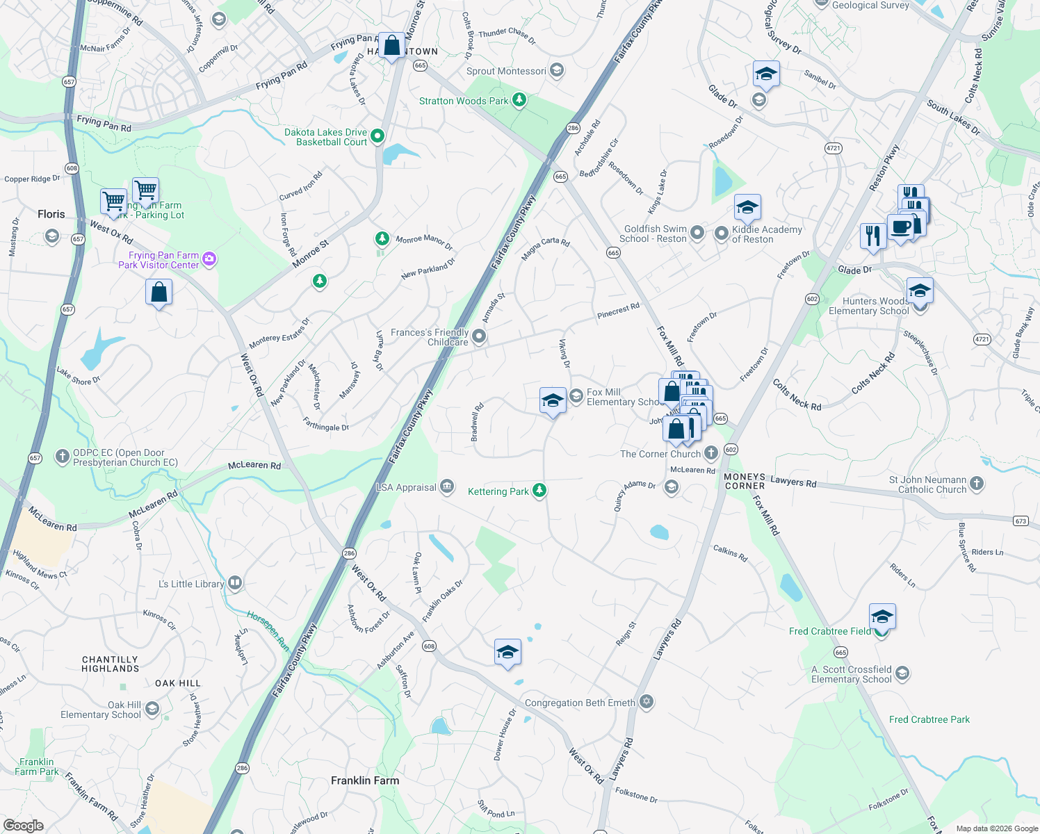 map of restaurants, bars, coffee shops, grocery stores, and more near 12715 Bradwell Road in Herndon
