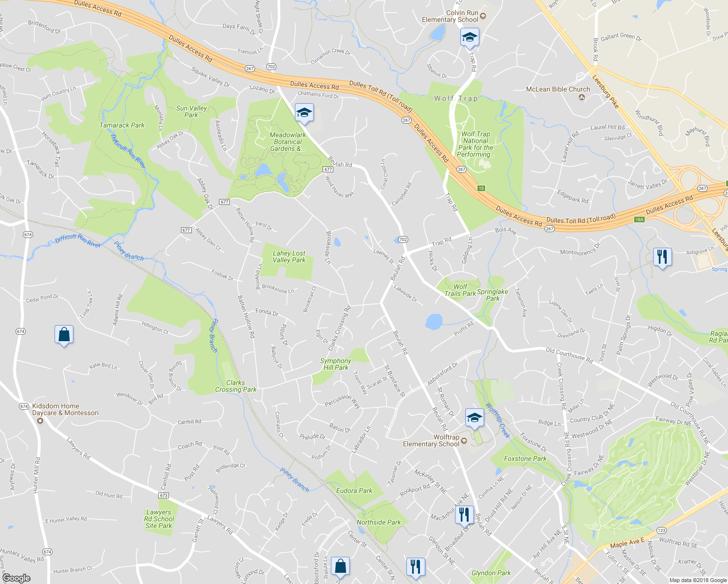 map of restaurants, bars, coffee shops, grocery stores, and more near 1796 Hawthorne Ridge Court in Vienna