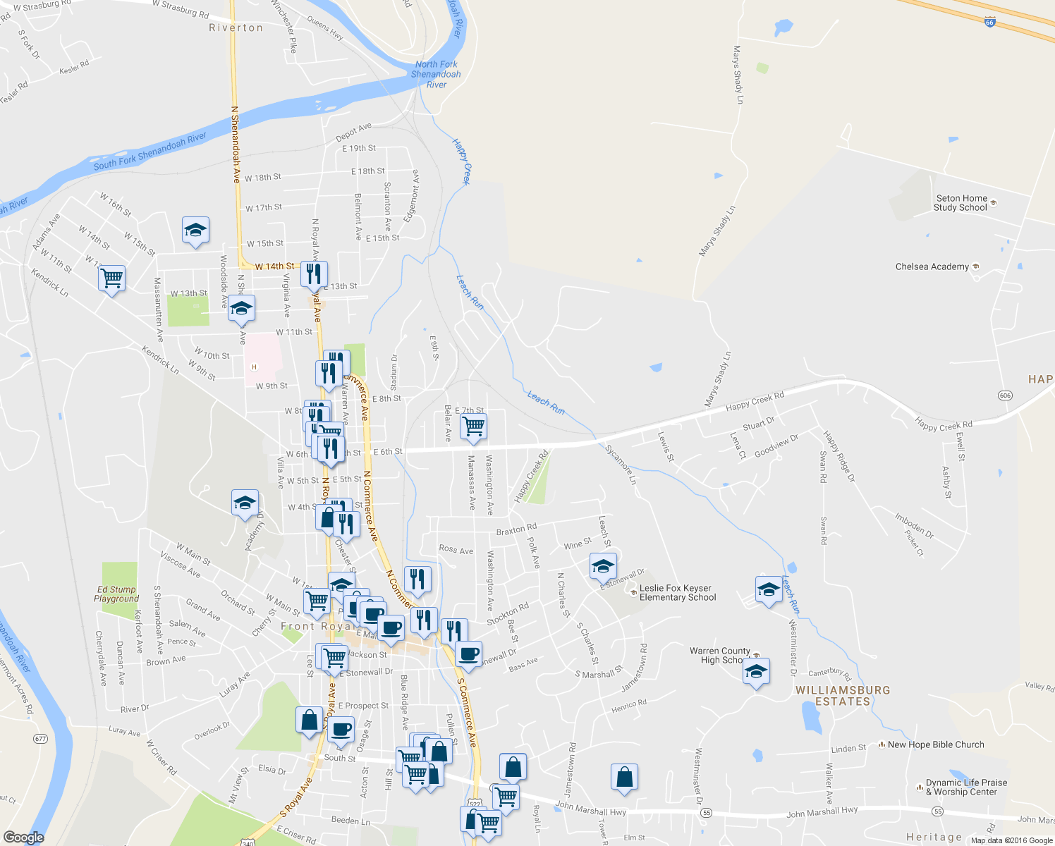 map of restaurants, bars, coffee shops, grocery stores, and more near 22 Bradford Drive in Front Royal