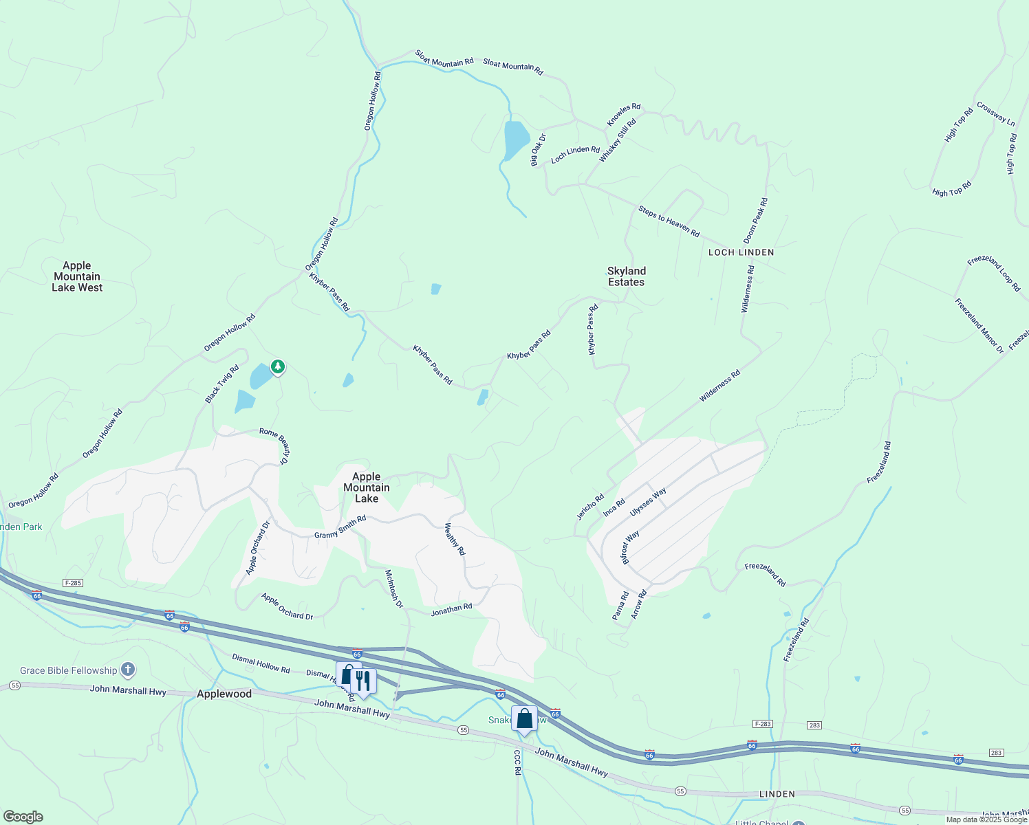 map of restaurants, bars, coffee shops, grocery stores, and more near Lagoon Road in Linden