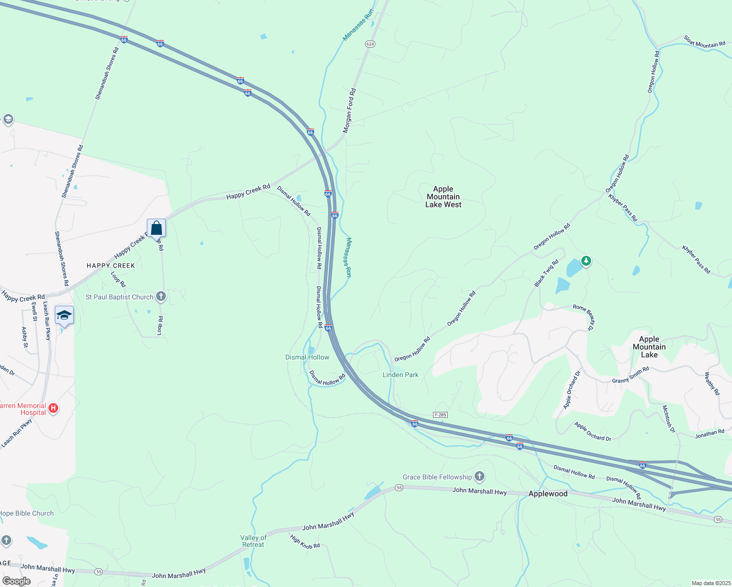 map of restaurants, bars, coffee shops, grocery stores, and more near 36 Applewood Drive in Front Royal