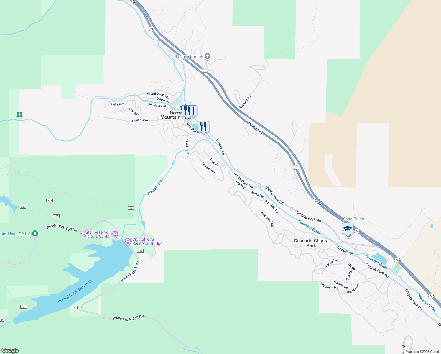 map of restaurants, bars, coffee shops, grocery stores, and more near 6475 Spruce Avenue in Green Mountain Falls