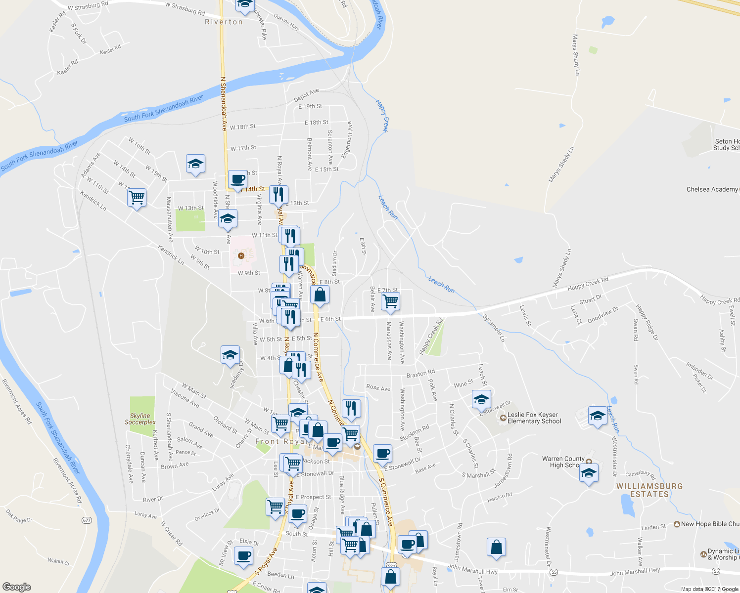 map of restaurants, bars, coffee shops, grocery stores, and more near 640 Belair Avenue in Front Royal