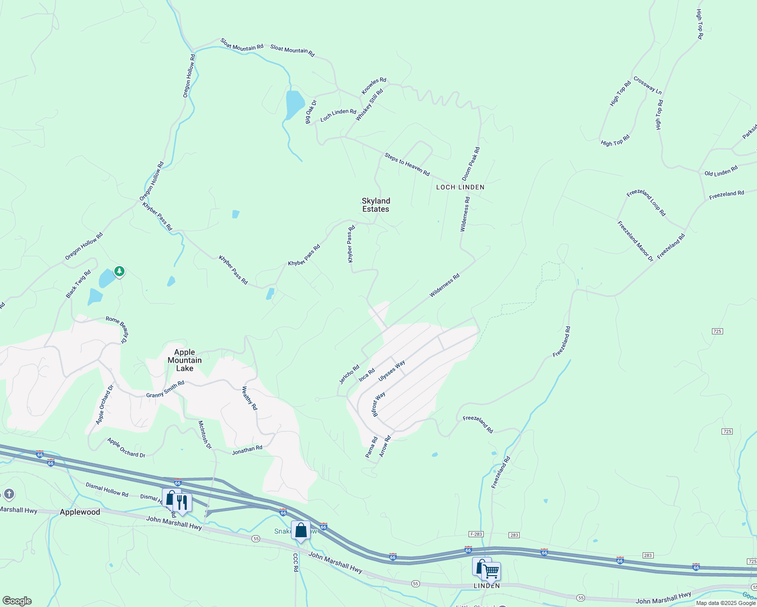 map of restaurants, bars, coffee shops, grocery stores, and more near 271 Blue Sky Road in Linden