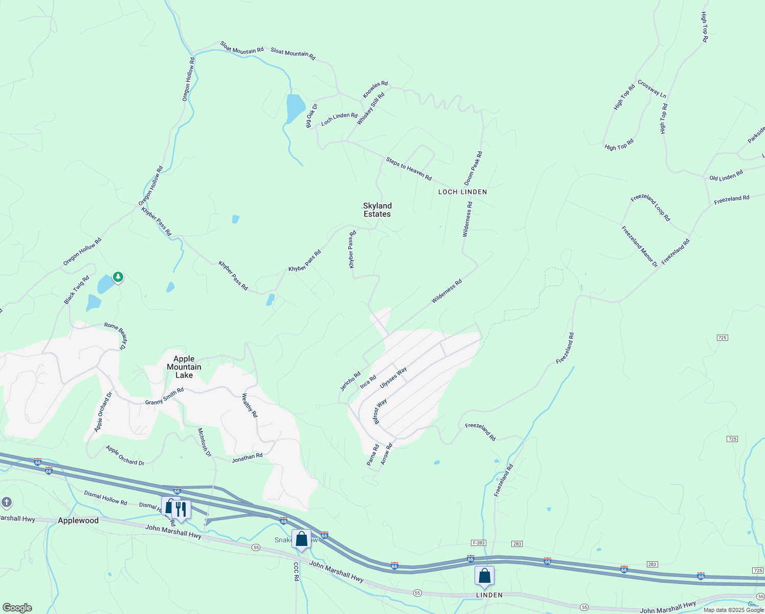 map of restaurants, bars, coffee shops, grocery stores, and more near Blue Sky Road in Skyland Estates