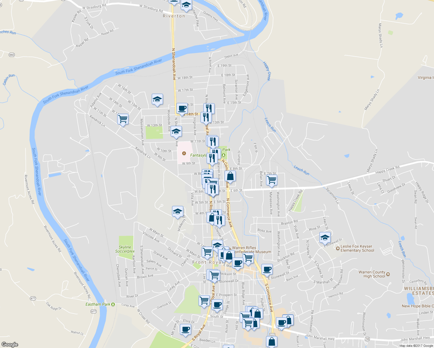 map of restaurants, bars, coffee shops, grocery stores, and more near 718 Warren Avenue in Front Royal