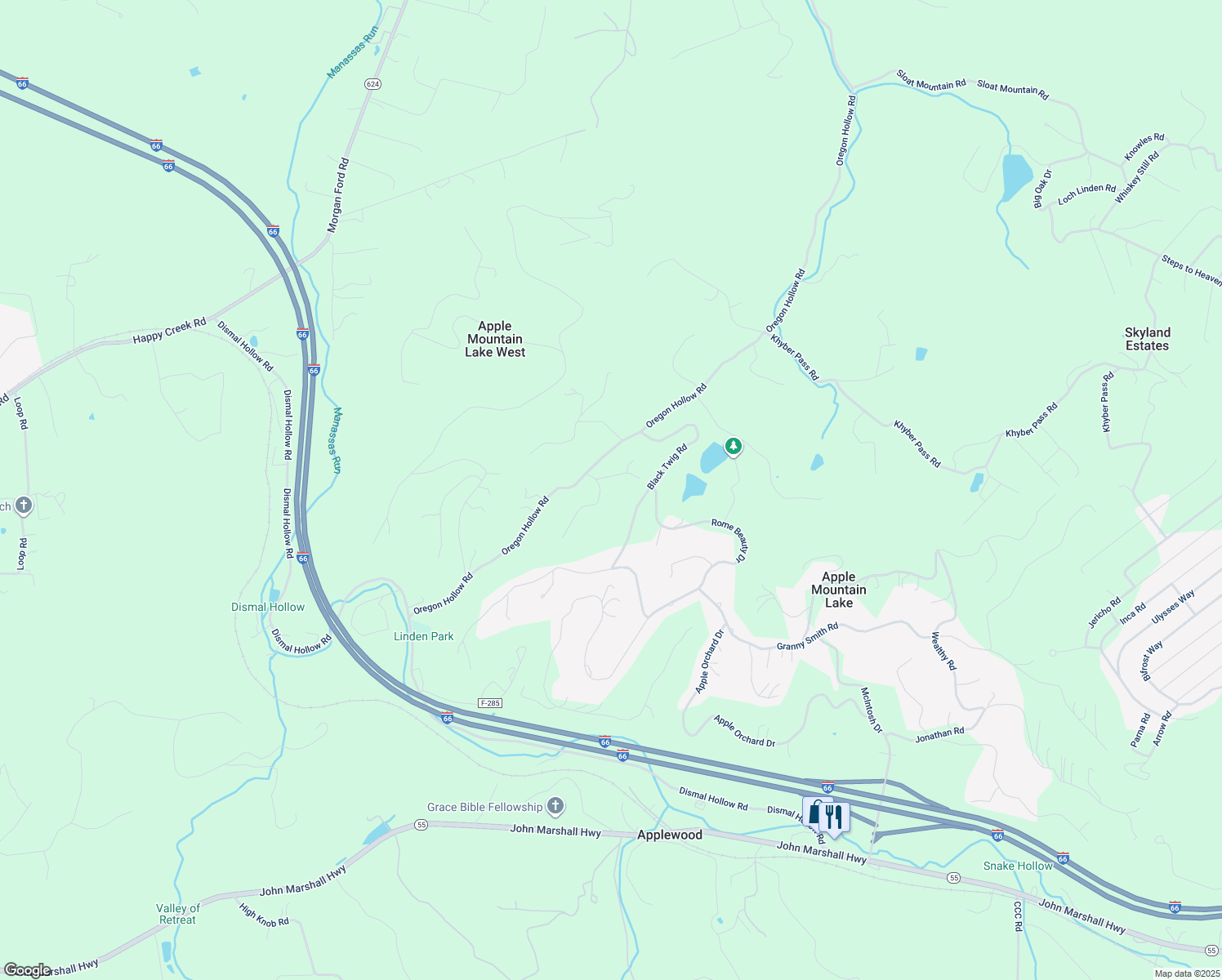 map of restaurants, bars, coffee shops, grocery stores, and more near Greening Court in Apple Mountain Lake