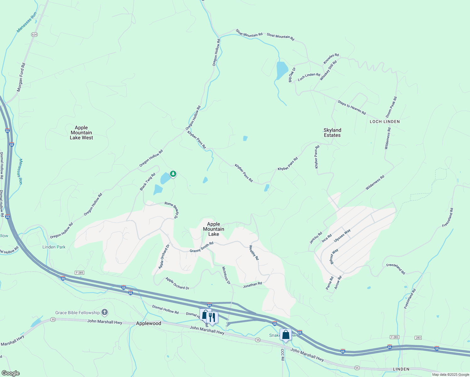 map of restaurants, bars, coffee shops, grocery stores, and more near 380 Khyber Pass Road in Apple Mountain Lake
