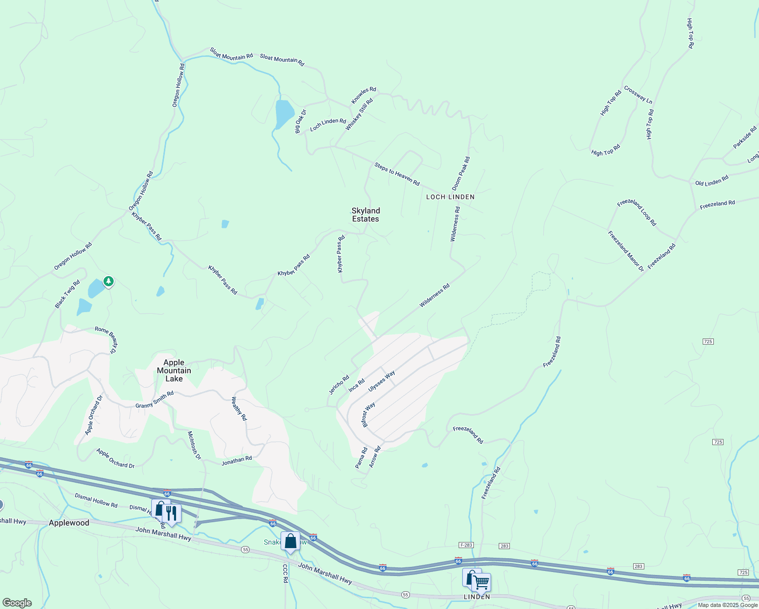 map of restaurants, bars, coffee shops, grocery stores, and more near 387 Blue Sky Road in Linden