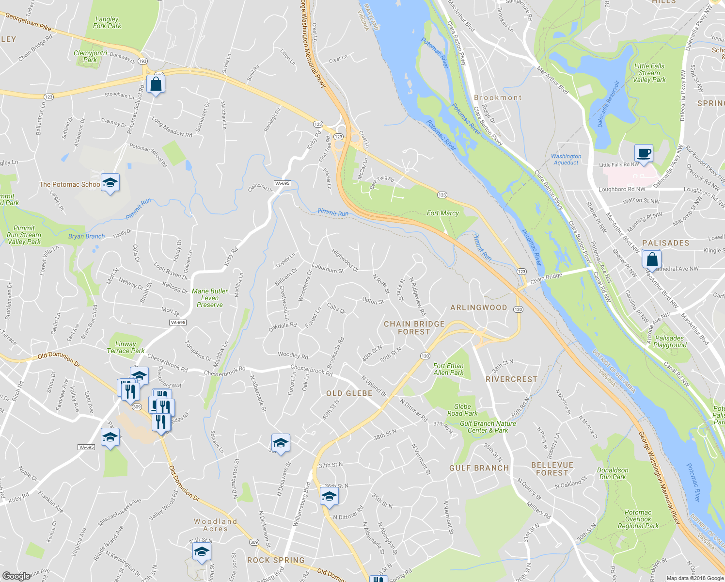 map of restaurants, bars, coffee shops, grocery stores, and more near 5843 Hilldon Street in McLean