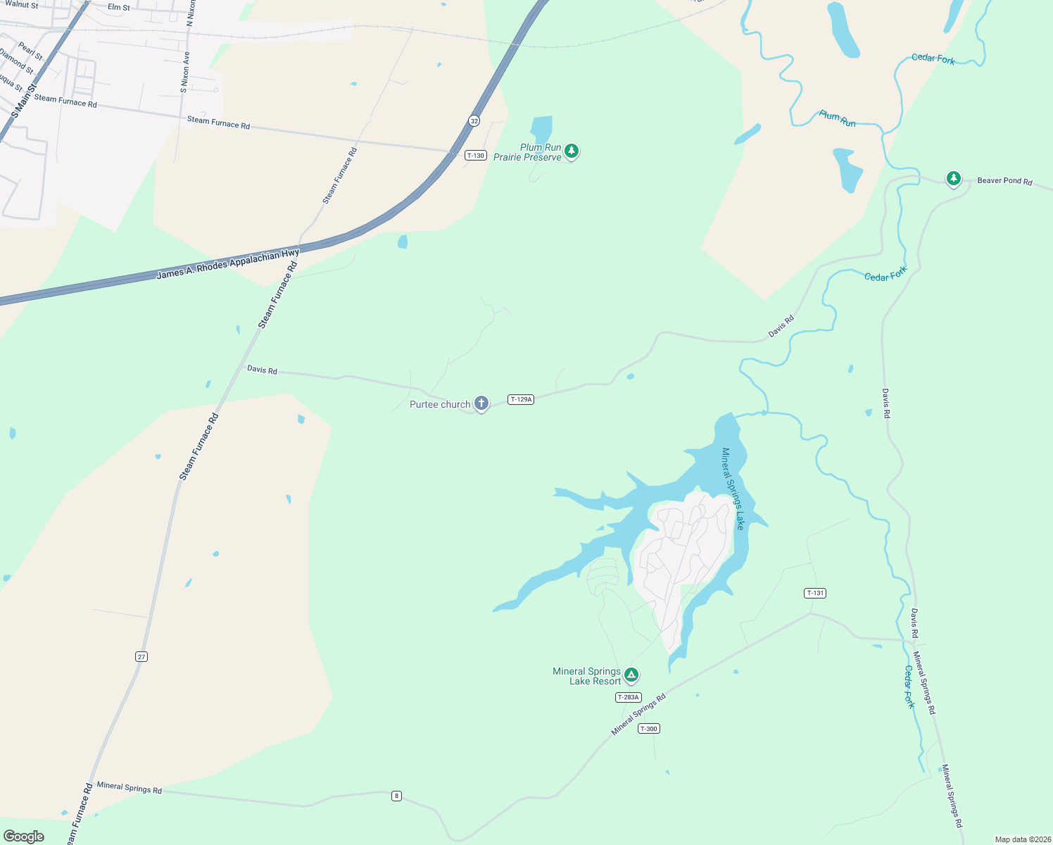 map of restaurants, bars, coffee shops, grocery stores, and more near 1009 Davis Road in Peebles