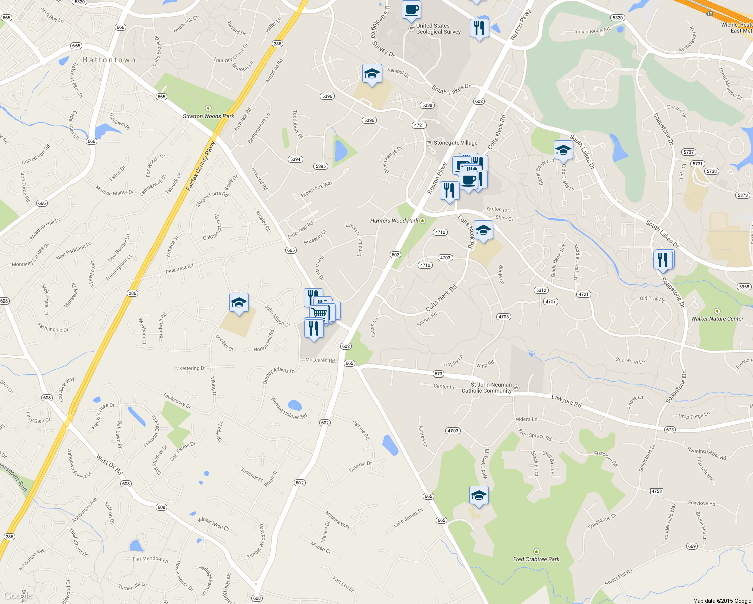 map of restaurants, bars, coffee shops, grocery stores, and more near 12212 Quorn Lane in Reston