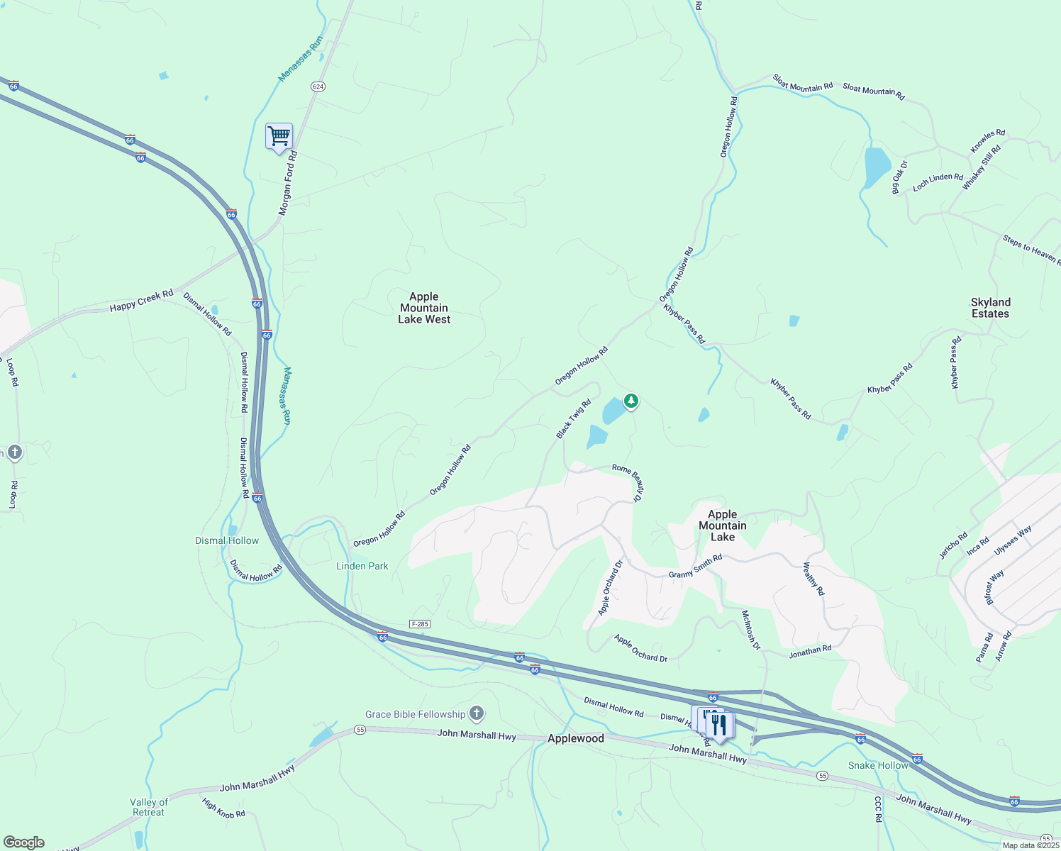 map of restaurants, bars, coffee shops, grocery stores, and more near Greening Court in Apple Mountain Lake