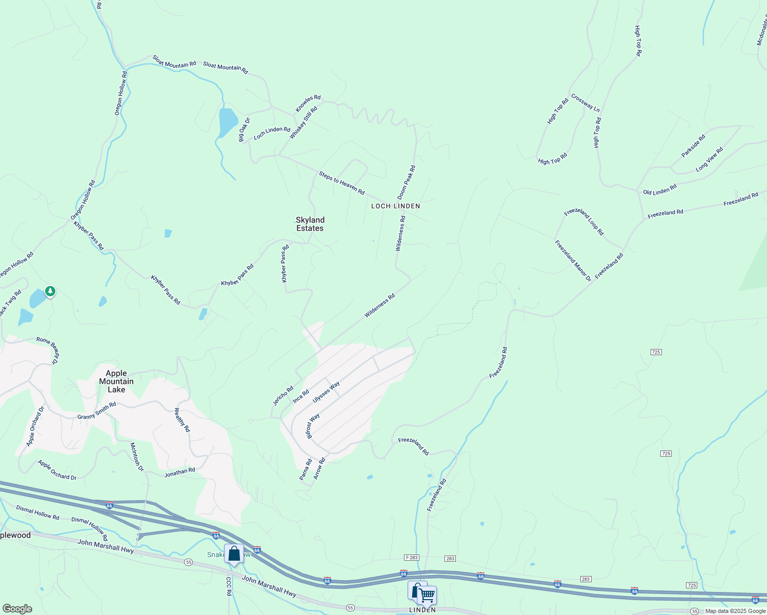 map of restaurants, bars, coffee shops, grocery stores, and more near 530 Wilderness Road in Skyland Estates