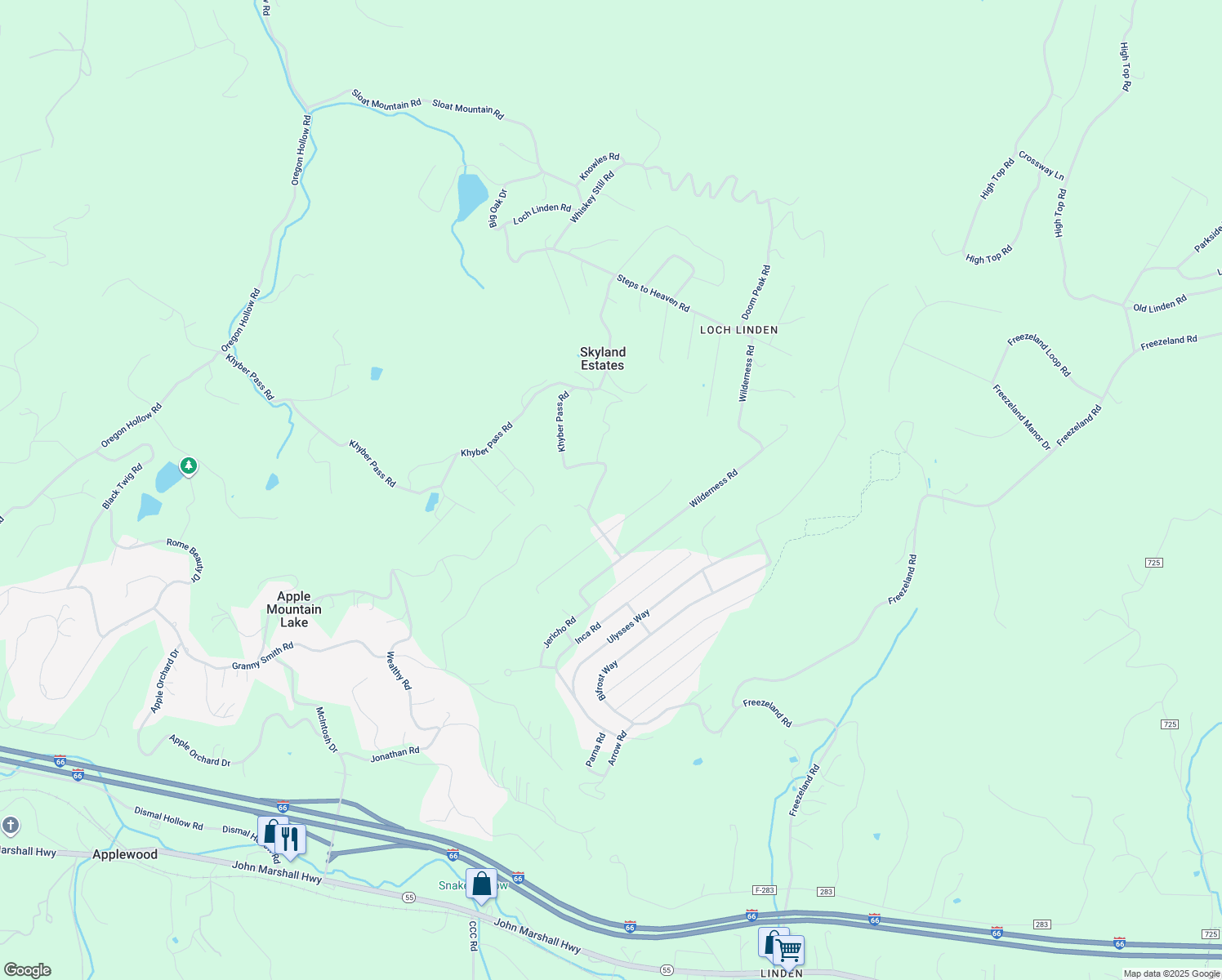 map of restaurants, bars, coffee shops, grocery stores, and more near 1739 Khyber Pass Rd in Linden